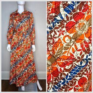 Vintage 1970s Hawaiian Floral Maxi Shirt Dress, Long Sleeve, Royal Palm Hawaii